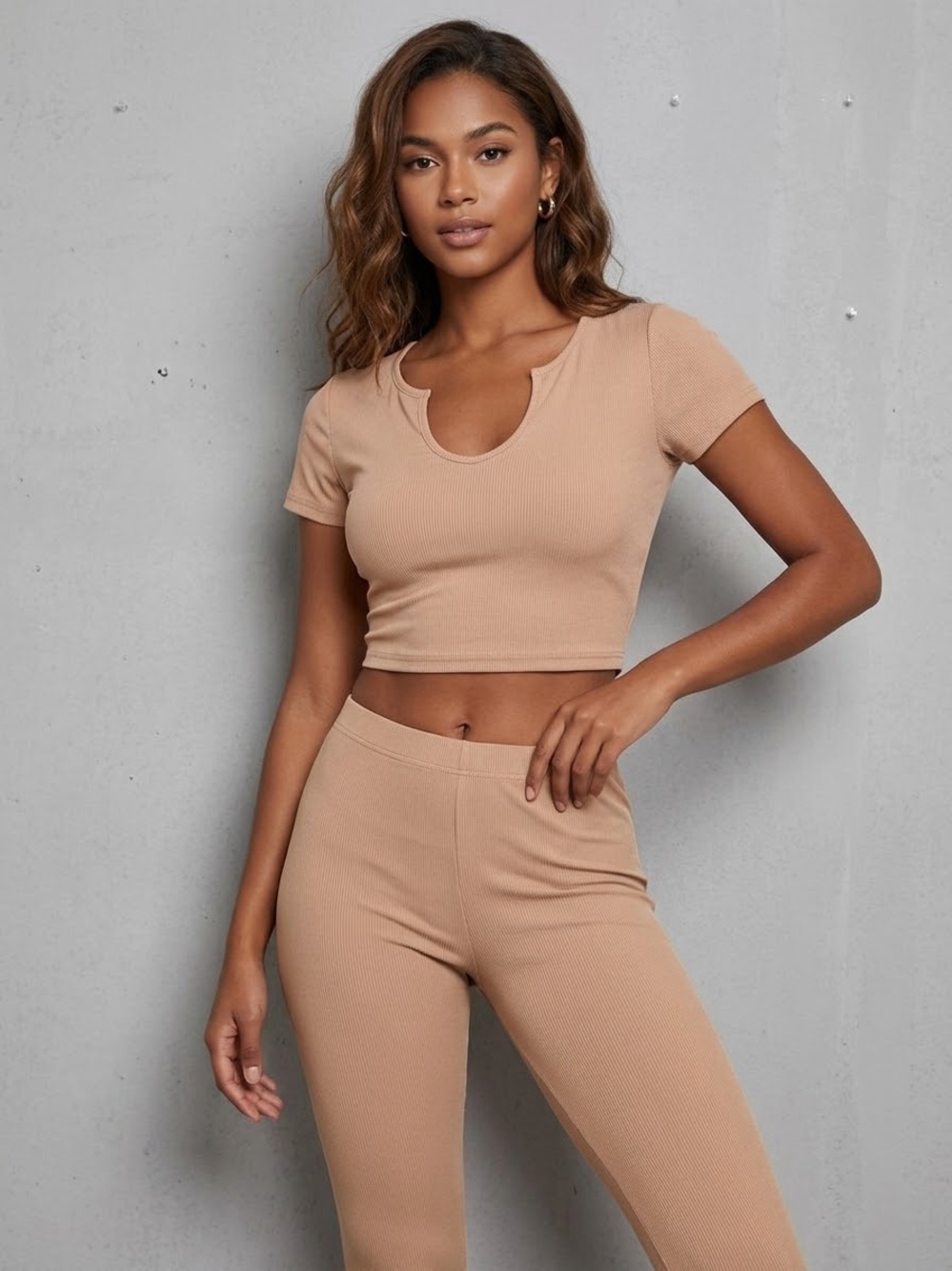 SHEIN Camel Ribbed Notch-Neck Short Sleeve Crop Top